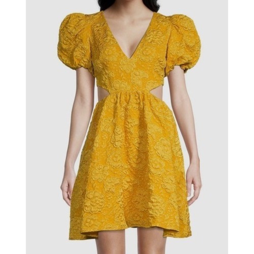 One33 Social Marigold Yellow Floral Jacquard Puff Sleeve Cut Out Mini Dress 4